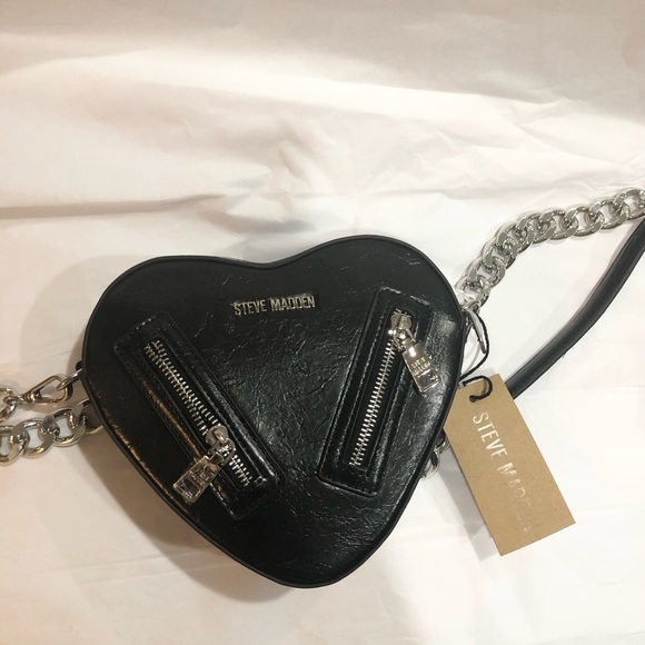 Steve Madden black crinkled zippered heavy chain heart shaped crossbody‎ bag new - Picture 12 of 17